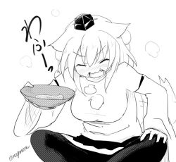 Rule 34 | animal ears, black skirt, blush, breasts, closed eyes, cup, drunk, fang, greyscale, hat, inubashiri momiji, large breasts, leaning forward, monochrome, motion lines, nose blush, open mouth, pom pom (clothes), sakazuki, sigh, sitting, skirt, taurine 8000mg, tokin hat, touhou, twitter username, wide sleeves, wolf ears