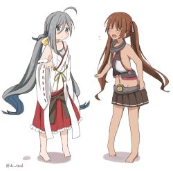 Rule 34 | 2girls, ahoge, alternate costume, bad id, bad twitter id, bare shoulders, barefoot, blue hair, brown hair, commentary request, cosplay, detached sleeves, closed eyes, fang, grey eyes, grey hair, haruna (kancolle), haruna (kancolle) (cosplay), kantai collection, kiyoshimo (kancolle), libeccio (kancolle), long hair, low twintails, multicolored hair, multiple girls, mutsu (kancolle) (cosplay), mutsu (kancolle), navel, nontraditional miko, open mouth, oversized clothes, ribbon-trimmed sleeves, ribbon trim, riz (ravel dc), skirt, twintails, twitter username