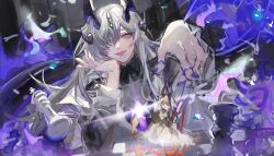 Rule 34 | 1girl, absurdres, arknights, blonde hair, character doll, chess piece, chessboard, chinese commentary, commentary request, dragon horns, dragon tail, dress, eblana (arknights), fingerless gloves, fire, gloves, green eyes, grey hair, hair over one eye, hand up, head rest, highres, horns, lips, long hair, long sleeves, nail polish, one eye covered, parted lips, puppet, purple fire, purple nails, reed (arknights), smile, solo, string, tail, upper body, very long hair, white dress, yuziwen025