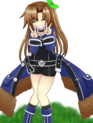Rule 34 | 10s, 1girl, ^ ^, blush, brown hair, closed eyes, coat, double v, grin, hair ornament, hair ribbon, highres, if (neptunia), long hair, looking at viewer, megaro (affrest), neptune (series), ribbon, shorts, simple background, smile, solo, v