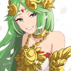 1girl 72kuri ancient_greek_clothes armlet bare_shoulders breasts chain chiton circlet collarbone diadem forehead_jewel gold_chain greco-roman_clothes green_eyes green_hair grin half-closed_eyes highres jewelry kid_icarus kid_icarus_uprising long_hair neck_ring nintendo palutena parted_bangs smile solo upper_body vambraces very_long_hair