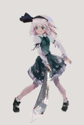 Rule 34 | 1girl, absurdres, arm garter, arm strap, black footwear, black hairband, black ribbon, blush, bob cut, clenched teeth, collared shirt, frilled skirt, frills, full body, green eyes, green skirt, green vest, grey background, hair ribbon, hairband, highres, hitodama print, juliet sleeves, katana, konpaku youmu, long sleeves, looking to the side, mary janes, medium skirt, neck ribbon, outstretched arm, parted lips, pointing, pointing at viewer, puffy sleeves, reddizen, ribbon, shirt, shoes, short hair, simple background, skirt, skirt set, socks, solo, sword, teeth, touhou, twisted torso, v-shaped eyebrows, vest, weapon, white hair, white shirt, white socks
