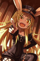 Rule 34 | 1girl, anger vein, angry, animal ears, bail, blonde hair, bridal gauntlets, cannelle (sword girls), fake animal ears, flat chest, gloves, hand on own hip, hat, long hair, lowres, open mouth, orange eyes, playboy bunny, pointing, rabbit ears, rabbit tail, shako cap, solo, sword girls, tail, uneven eyes, uniform