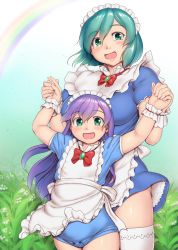 Rule 34 | 2girls, apron, aqua hair, bow, bowtie, breasts, brooch, buttons, commentary request, feet out of frame, flat chest, gradient background, green eyes, hair between eyes, head tilt, highres, holding hands, jewelry, large breasts, lips, long hair, maid headdress, medium hair, multiple girls, my maid (orizen), open mouth, original, orizen, outdoors, purple hair, rainbow, red neckwear, short hair, short sleeves, star (symbol), starry background, tareme, thick thighs, thighhighs, thighs, white legwear, wrist cuffs