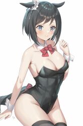 Rule 34 | 1girl, animal ears, black hair, black leotard, black thighhighs, bob cut, bow, bowtie, breasts, cleavage, collar, commentary request, ear ornament, eishin flash (umamusume), finger to mouth, hand on own hip, heart, highres, horse ears, horse girl, horse tail, large breasts, leaning forward, leotard, nontraditional playboy bunny, oshage (osyage921), short hair, shushing, signature, smile, solo, strapless, strapless leotard, tail, thighhighs, umamusume