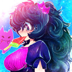 Rule 34 | 1girl, @ @, alternate costume, alternate hairstyle, black dress, black hair, blue background, blue eyes, blush, breasts, closed eyes, closed mouth, creatures (company), crying, crying with eyes open, curly hair, dress, food, food in mouth, fruit, game freak, gen 1 pokemon, gen 3 pokemon, gengar, ghost, grin, hair between eyes, hair ornament, hairband, hakkasame, headband, hex maniac (pokemon), long hair, looking down, medium breasts, nintendo, pokemon, pokemon (creature), pokemon xy, ponytail, popsicle, popsicle in mouth, puffy short sleeves, puffy sleeves, purple shirt, ringed eyes, shirt, short sleeves, simple background, smile, summer, sweat, tagme, tears, undershirt, upper body, very long hair, watermelon, watermelon bar, wavy mouth, wide-eyed