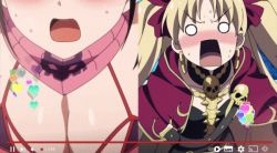Rule 34 | 2girls, angry, animated, animated gif, bikini, black hair, blonde hair, bouncing breasts, breasts, cape, cleavage, close-up, ereshkigal (fate), fate/grand carnival, fate/grand order, fate (series), flat chest, heart, large breasts, long hair, multiple girls, osakabehime (fate), pointing, scarf, screencap, standing, sweat, swimsuit, tiara, twintails, youtube