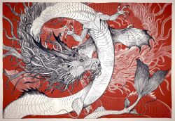 Rule 34 | animal focus, border, claws, dragon, eastern dragon, fins, greyscale with colored background, hatching (texture), highres, horns, looking at viewer, mane, monster, no humans, oni yanma (ktbch8outvsc01d), original, red background, scales, sharp teeth, simple background, solo, tail, teeth, white border, wings