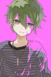 Rule 34 | 1boy, absurdres, amami rantaro, artist name, blood, blood on clothes, blood on face, closed mouth, commentary request, danganronpa (series), danganronpa v3: killing harmony, ear piercing, earrings, green eyes, green hair, hair between eyes, highres, jewelry, long sleeves, male focus, narudo, necklace, piercing, pink background, pink blood, shirt, short hair, smile, solo, striped clothes, striped shirt, upper body