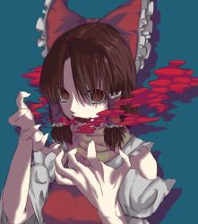 Rule 34 | 1girl, benikurage (cookie), blue background, bow, brown eyes, brown hair, claw pose, commentary request, cookie (touhou), detached sleeves, drop shadow, fangs, frilled bow, frilled hair tubes, frills, hair bow, hair tubes, hakurei reimu, highres, looking at viewer, medium hair, nontraditional miko, odoro (nicoseiga81184094), open mouth, orange scarf, parted bangs, red bow, red shirt, ribbon-trimmed sleeves, ribbon trim, scarf, shirt, simple background, sleeveless, sleeveless shirt, slit pupils, smoke from mouth, solo, striped clothes, striped scarf, touhou, upper body, white sleeves, yellow scarf