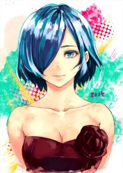 Rule 34 | 10s, 1girl, 2015, arios (orochi yuta), bare shoulders, blue eyes, blue hair, breasts, cleavage, collarbone, dress, female focus, flower, gradient background, hair over one eye, halftone, halftone background, highres, kirishima touka, light smile, lips, looking at viewer, matching hair/eyes, neck, red dress, red flower, red rose, rose, short hair, smile, solo, strapless, strapless dress, tokyo ghoul, upper body