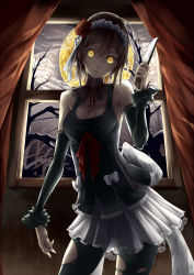 Rule 34 | 1girl, bad id, bad pixiv id, bare shoulders, breasts, brown hair, cleavage, contrapposto, crazy eyes, detached sleeves, flower, frills, glowing, glowing eyes, goth fashion, hair flower, hair ornament, head tilt, headdress, highres, kizuka kanata, knife, lace, moon, night, original, pantyhose, ribbon, scar, scar on neck, short hair, solo, standing, torn clothes, torn pantyhose, window, yandere, yellow eyes