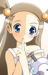 Rule 34 | 1990s (style), 1girl, blue eyes, blush, brown hair, creatures (company), dress, finger to mouth, game freak, gen 1 pokemon, gym leader, hair ornament, jasmine (pokemon), long hair, magnemite, nintendo, pokemon, pokemon (creature), pokemon gsc, retro artstyle, simple background, twintails, two side up, vivivoovoo