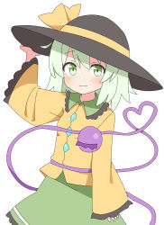 Rule 34 | 1girl, :3, arm up, black hat, blouse, blush, bow, buttons, closed mouth, cowboy shot, diamond button, eyeball, frilled shirt collar, frilled skirt, frilled sleeves, frills, green skirt, hair between eyes, hat, hat bow, hat ribbon, heart, heart of string, highres, komeiji koishi, light green hair, long sleeves, looking at viewer, medium hair, nihohohi, ribbon, shirt, simple background, skirt, sleeves past wrists, solo, third eye, touhou, wavy hair, white background, wide sleeves, yellow bow, yellow ribbon, yellow shirt