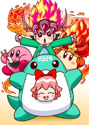 Rule 34 | 2024, 2girls, adeleine, black hair, blush stickers, chinese zodiac, chopsticks, colored skin, highres, holding, holding chopsticks, ice dragon (kirby), king dedede, kirby, kirby (series), looking at viewer, monster flame, multiple girls, new year, nintendo, pink hair, pink skin, red ribbon, ribbon, ribbon (kirby), solid oval eyes, star (symbol), v-shaped eyebrows, waddle dee, wings, year of the dragon, yutakunatu
