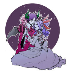 Rule 34 | 2girls, asellus (saga frontier), back bow, bat wings, black sclera, bow, colored sclera, demon horns, dress, facial scar, feather hair ornament, feathers, floral print, gina (saga frontier), gloves, hair ornament, high collar, high ponytail, holding hands, horns, long hair, multiple girls, purple hair, saga, saga frontier, scar, scar on cheek, scar on face, short hair, simple background, white gloves, wings, yukoiuko