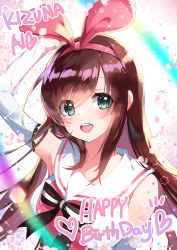 Rule 34 | 1girl, :d, apple caramel, arm up, black bow, blush, bow, breasts, brown hair, character name, commentary request, detached sleeves, green eyes, hair between eyes, hair ribbon, happy birthday, heart, kizuna ai, kizuna ai inc., long hair, long sleeves, looking at viewer, medium breasts, open mouth, pink ribbon, ribbon, round teeth, sailor collar, shirt, sleeveless, sleeveless shirt, sleeves past wrists, smile, solo, striped, striped bow, teeth, upper teeth only, very long hair, virtual youtuber, white sailor collar, white shirt