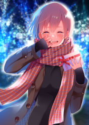 Rule 34 | 1girl, absurdres, black sweater, blurry, blurry background, blush, box, breasts, brown jacket, buttons, christmas, closed eyes, commentary request, cowboy shot, crying, earrings, gift, gift box, glint, go-toubun no hanayome, hand on own face, highres, holding, holding gift, jacket, jewelry, large breasts, light particles, nakano ichika, night, open clothes, open jacket, open mouth, outline, pink hair, piyopoyo, plaid, plaid scarf, scarf, short hair, sleeves past wrists, solo, sparkle, stud earrings, sweater, tears, wavy mouth