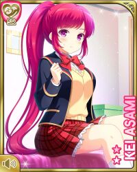 Rule 34 | 1girl, asami kei, bedroom, blue jacket, bow, card (medium), character name, closed mouth, day, girlfriend (kari), indoors, jacket, official art, pink eyes, pink hair, plaid, plaid skirt, ponytail, qp:flapper, red bow, red skirt, school, school uniform, shirt, short hair, sitting, skirt, tagme, vest, white shirt, yellow vest