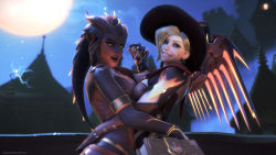 Rule 34 | 2girls, 3d, absurdres, alternate costume, black hair, blonde hair, blue eyes, blurry, blurry background, book, breast press, breasts, colored sclera, dark-skinned female, dark skin, dragon girl, dragon horns, dragon symmetra, earrings, elbow gloves, ellowas, full moon, gloves, halloween costume, hat, highres, horns, hug, jewelry, long hair, looking at viewer, mechanical wings, medium breasts, mercy (overwatch), moon, multiple girls, night, official alternate costume, open mouth, overwatch, overwatch 1, revision, smile, symmetra (overwatch), symmetrical docking, teeth, watermark, web address, wings, witch hat, witch mercy, yellow eyes, yellow sclera