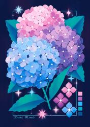 Rule 34 | artist name, blue background, blue flower, color guide, dokirosi, flower, flower focus, highres, hydrangea, leaf, no humans, original, pink flower, plant, purple flower, sparkle