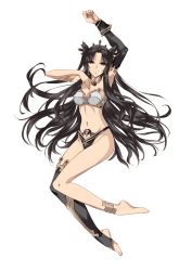 Rule 34 | 1girl, ass, bad id, bad pixiv id, black background, brown hair, crown, earrings, fate/grand order, fate (series), feet, full body, highres, ishtar (fate), ishtar (fate), jewelry, legs, long hair, looking at viewer, misteor, navel, red eyes, simple background, single thighhigh, smile, solo, thighhighs, toeless legwear, twintails, white background