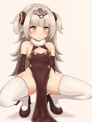 Rule 34 | absurdres, arm support, azur lane, black footwear, blush, china dress, chinese clothes, cien (shikanokuni), collarbone, covered navel, dress, groin, hair bobbles, hair ornament, headpiece, high heels, highres, leaning back, official alternate costume, parted lips, side slit, silver hair, solo, squatting, thighhighs, two side up, white background, white thighhighs, yellow eyes, z46 (azur lane), z46 (jianzhi fantasia) (azur lane)