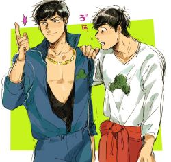 Rule 34 | 10s, 2boys, alternate costume, bad id, bad twitter id, black hair, brothers, chain, chain necklace, clothes around waist, cowboy shot, green background, jacket, jacket around waist, jewelry, jumpsuit, long sleeves, male focus, matsuno karamatsu, matsuno osomatsu, multiple boys, necklace, osomatsu-kun, osomatsu-san, osomatsu (series), siblings, simple background, sleeves rolled up, v-neck