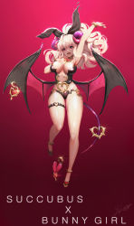 Rule 34 | 1girl, absurdres, anklet, arm up, armpits, bad id, bad pixiv id, bat wings, black panties, bracelet, breasts, bustier, choker, cleavage, demon girl, demon tail, fang, full body, gradient background, heart pendant, highres, horns, jewelry, large breasts, latex, latex panties, legs, long hair, low wings, navel, open mouth, original, panties, pendant, pink eyes, pink hair, ponytail, ribbon, shoes, smile, solo, tail, tail ornament, tail ring, thigh strap, underwear, wing piercing, wings, y.i. (lave2217)