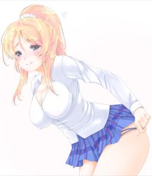 Rule 34 | 10s, 1girl, ayase eli, blonde hair, blue eyes, blush, breasts, cleavage, covered erect nipples, dress shirt, embarrassed, frapowa, high ponytail, large breasts, leaning forward, long hair, love live!, love live! school idol project, no bra, panties, panty pull, plaid, plaid skirt, ponytail, removing panties, shirt, skirt, smile, solo, underwear, white background, white shirt