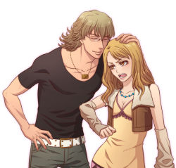 Rule 34 | 10s, 1boy, 1girl, belt, blonde hair, blush, brown eyes, closed eyes, detached sleeves, dress, hand on another&#039;s head, jewelry, karina lyle, long hair, necklace, shirt, studded belt, t-shirt, tiger &amp; bunny, vest