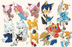 Rule 34 | &gt;:(, +++, 3boys, 5girls, :o, ;), adjusting hair, angry, animal crossing, animal ears, aqua eyes, asymmetrical hair, belt, black eyes, black pants, black shirt, blonde hair, blue bow, blue coat, blue dress, blue eyes, blue eyeshadow, blue hair, blue nails, blue neckerchief, blue pupils, blue tail, blush, book, bow, bowtie, bright pupils, brown belt, brown eyes, brown footwear, brown headwear, brown lips, buttons, cabbie hat, capri pants, caroline (animal crossing), chadder (animal crossing), chair, closed mouth, coat, collared shirt, colored sclera, crossed legs, curly hair, dark-skinned female, dark-skinned male, dark blue hair, dark skin, dress, dress bow, earrings, extra ears, eyelashes, eyeliner, eyeshadow, facial mark, fang, fingernails, floral print, flower, freya (animal crossing), frown, fur collar, glasses, green eyeliner, grey eyeshadow, grey footwear, grey hair, grey tail, grin, hair between eyes, hair over one eye, hand up, hat, highres, holding, holding book, holding flower, holding quill, horse ears, horse girl, horse tail, jewelry, juliet sleeves, kicks (animal crossing), leaning forward, leg up, light blue hair, lips, lolita fashion, long hair, long sleeves, looking at another, looking at viewer, lower teeth only, makeup, mary janes, motion lines, mouse boy, mouse ears, multicolored hair, multicolored tail, multiple boys, multiple earrings, multiple girls, nail polish, neckerchief, necktie, nintendo, one eye closed, open book, open clothes, open coat, open mouth, orange eyeshadow, pants, pantyhose, parted bangs, personification, pink hair, pink tail, puff of air, puffy sleeves, purple eyes, quill, reading, red bow, red bowtie, red eyeliner, red flower, red hair, red tail, reneigh (animal crossing), round eyewear, savannah (animal crossing), shirt, shoes, short hair, short ponytail, simple background, sitting, skunk boy, skunk ears, skunk tail, smile, sparkle, squirrel ears, squirrel girl, squirrel tail, standing, standing on one leg, star (symbol), streaked hair, striped clothes, striped pantyhose, striped shirt, suspenders, swept bangs, tail, tail raised, teeth, tsurime, two-tone hair, ukata, v-shaped eyebrows, vest, white background, white coat, white hair, white pupils, white shirt, white tail, white vest, whitney (animal crossing), wolf boy, wolf ears, wolf girl, wolf tail, wolfgang (animal crossing), yellow necktie, yellow sclera, zebra ears, zebra girl
