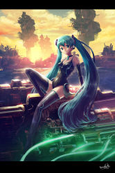 Rule 34 | 1girl, aqua hair, boots, breasts, cable, choker, cloud, elbow gloves, gloves, glowing, green eyes, hatsune miku, headphones, highres, leotard, letterboxed, long hair, masamasa, neon trim, science fiction, signature, sitting, small breasts, solo, sunset, thigh boots, thighhighs, twintails, very long hair, vocaloid