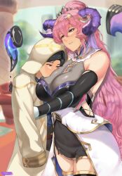 Rule 34 | 1boy, 1girl, bare shoulders, black hair, boots, breasts, cleavage, curled horns, dress, fire emblem, fire emblem heroes, floating, floating object, goat horns, hair ornament, high ponytail, highres, horns, hug, large breasts, long hair, nerthus (fire emblem), nintendo, pink hair, purple eyes, shiny clothes, short dress, smile, summoner (fire emblem heroes), tagme, tempura chronos, thigh boots, thighhighs, very long hair, zettai ryouiki
