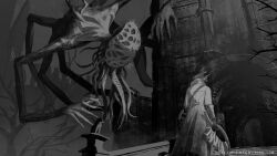 Rule 34 | 1other, ambiguous gender, amygdala (bloodborne), bloodborne, building, coat, email address, facing to the side, gloves, greyscale, highres, holding, holding weapon, hunter (bloodborne), l aciel, monochrome, monster, outdoors, saw, saw cleaver, solo, stairs, standing, statue, weapon