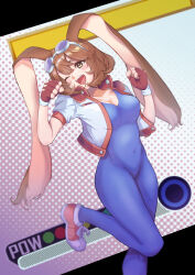 Rule 34 | 1girl, animal ears, blue unitard, bodysuit, breasts, brown eyes, brown hair, buttons, cleavage, clenched hands, collarbone, commentary request, covered navel, cropped jacket, fingerless gloves, fingernails, gloves, goggles, goggles on head, highres, jacket, leg up, makihara arina, medium breasts, one eye closed, open clothes, open jacket, open mouth, rabbit ears, shoes, short hair, short sleeves, simple background, skin tight, smile, sneakers, solo, teeth, unitard, upper teeth only, user dttw2327, waku waku 7