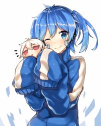 Rule 34 | 1boy, 1girl, albino, bad id, bad pixiv id, blue eyes, blue hair, doll, ene (kagerou project), gus yoga, hands in opposite sleeves, headphones, highres, holding, jacket, jersey, kagerou project, konoha (kagerou project), long sleeves, one eye closed, red eyes, sleeves past wrists, smile, track jacket, triangle mouth, twintails, white background, white hair, wink