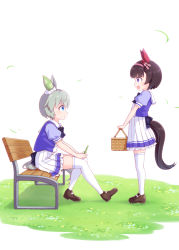Rule 34 | 2girls, :d, :o, absurdres, animal ears, basket, bench, black hair, blouse, blue eyes, blue shirt, blush, brown footwear, cellphone, commentary request, eye contact, frilled skirt, frills, grass, grey hair, hairband, harada (sansei rain), highres, holding, holding basket, holding phone, horse ears, horse girl, horse tail, looking at another, multiple girls, nishino flower (umamusume), on bench, open mouth, outdoors, park bench, parted lips, phone, pink hairband, pleated skirt, profile, puffy short sleeves, puffy sleeves, purple eyes, purple shirt, school uniform, seiun sky (umamusume), shirt, shoes, short hair, short sleeves, sitting, skirt, smile, standing, tail, thighhighs, tracen school uniform, umamusume, white background, white skirt, white thighhighs