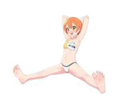 Rule 34 | 1girl, armpits, arms up, barefoot, bikini, blush, breasts, collarbone, commentary, feet, foot focus, foreshortening, hair between eyes, highres, hoshizora rin, legs, love live!, maidforge, navel, orange hair, print bikini, shadow, shiny skin, short hair, simple background, sitting, small breasts, soles, solo, spread toes, stomach, swimsuit, symbol-only commentary, teeth, thighs, toes, tongue, trembling, upper teeth only, white background, white bikini, yellow bikini, yellow eyes
