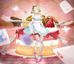 Rule 34 | 1girl, akatsuki rokino, apron, aqua dress, aqua eyes, black bow, blue eyes, bow, breasts, brick wall, bug, butterfly, cake, card, checkered floor, cleavage, clock, clothes lift, collarbone, cookie, detached sleeves, dress, dress lift, eat me (vocaloid), flag, food, fork, frilled dress, frills, fruit, garter straps, green hair, gumi, hair bow, hairband, head tilt, high heels, highres, in food, insect, lace, lace-trimmed legwear, lace trim, light particles, long legs, looking at viewer, medium breasts, mini person, minigirl, motion blur, oversized object, parted lips, pennant, pink footwear, plate, playing card, puffy short sleeves, puffy sleeves, ribbon, shoes, short hair, short sleeves, sitting, solo, sponge cake, strapless, strapless dress, strawberry, string of flags, striped clothes, striped thighhighs, sweets, thighhighs, twitter username, vertical-striped clothes, vertical-striped thighhighs, vocaloid, zettai ryouiki