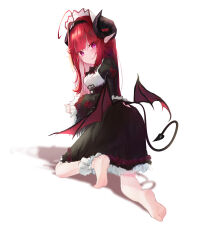Rule 34 | 1girl, absurdres, aged down, ahoge, azur lane, barefoot, black bow, black bowtie, black dress, black hairband, black horns, blush, bonnet, bow, bowtie, closed mouth, curled horns, demon tail, demon wings, dress, frilled dress, frills, from behind, hairband, highres, hindenburg (azur lane), horns, long hair, long sleeves, looking at viewer, mole, mole under eye, pointy ears, purple eyes, red hair, shadow, simple background, solo, tail, toes, white background, wings, xxxxxg