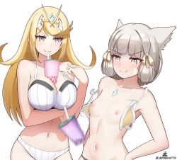 Rule 34 | 2girls, :3, absurdres, animal ears, between breasts, bikini, blonde hair, blush, breasts, bubble tea, bubble tea challenge, bubble tea challenge failure, cat ears, chest jewel, cleavage, core crystal (xenoblade), cup, disposable cup, drinking, drinking straw, drinking straw in mouth, facial mark, grey eyes, grey hair, highres, large breasts, motion blur, multiple girls, mythra (xenoblade), nia (xenoblade), nipples, object on breast, open bikini, open clothes, small breasts, smug, split mouth, swimsuit, undone bikini, wardrobe malfunction, xenoblade chronicles (series), xenoblade chronicles 2, zambonito
