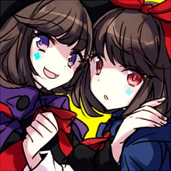 Rule 34 | 2girls, :d, :o, bad id, bad twitter id, bow, brown hair, cape, facial mark, hairband, hand on another&#039;s shoulder, hat, long sleeves, looking at viewer, lowres, mitan ake, multiple girls, open mouth, purple eyes, red eyes, rikken (terra battle), short hair, siblings, simple background, sisters, smile, terra battle, twins, witch hat, yellow background, yukken (terra battle)
