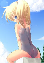 Rule 34 | 1girl, ass, blonde hair, blue eyes, blush, cloud, competition school swimsuit, day, from behind, kourourin, looking back, one-piece swimsuit, original, school swimsuit, see-through, short hair, sitting, sky, solo, swimsuit, twintails