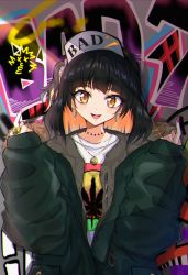 Rule 34 | 1girl, :d, bad id, bad pixiv id, baseball cap, black hair, black hat, brown jacket, coat, commentary request, earrings, english text, glint, graffiti, green coat, hair ornament, hands up, hat, head tilt, highres, hoop earrings, jacket, jewelry, long hair, long sleeves, looking at viewer, middle finger, multicolored hair, nail polish, necklace, one side up, open mouth, orange eyes, orange hair, original, oversized clothes, piercing, pink nails, ring, rudo (rudorudo0917), shade, shirt, sleeves past wrists, smile, solo, standing, sunlight, t-shirt, two-tone hair, upper body, white shirt, zipper, zipper pull tab