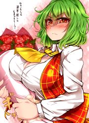 Rule 34 | 1girl, blush, bouquet, breasts, cleavage, female focus, flower, gradient background, green hair, highres, kazami yuuka, large breasts, long sleeves, open clothes, open vest, red eyes, roki (hirokix), shirt, skirt, skirt set, solo, sweatdrop, touhou, translation request, vest