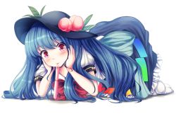 Rule 34 | 1girl, all fours, ass, bad id, bad pixiv id, black hat, blue hair, blue skirt, bow, bowtie, closed mouth, eyebrows, food, food request, frilled skirt, frills, fruit, full body, hands on own cheeks, hands on own face, hat, head rest, head tilt, hinanawi tenshi, leaf, long hair, looking at viewer, maru daizu (aqua6233), mouth hold, no shoes, peach, puffy short sleeves, puffy sleeves, rainbow order, red bow, red bowtie, red eyes, shirt, short sleeves, simple background, skirt, smile, socks, solo, touhou, tupet, white background, white shirt, white socks