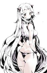 Rule 34 | 10s, 1girl, abyssal ship, airfield princess, ass, bikini, bikini bottom only, black bikini, blush, breasts, brown eyes, female focus, flat ass, from behind, heart, highres, horns, kantai collection, limited palette, long hair, looking at viewer, looking back, pale color, side-tie bikini bottom, silver hair, simple background, sleeveless, smile, solo, spoken heart, sumisu (mondo), swimsuit, tattoo, very long hair, white background