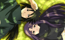 Rule 34 | 1boy, 1girl, arm up, black eyes, black hair, blush, closed mouth, couple, day, grass, hand up, hands together, happy, high collar, long hair, long sleeves, looking at another, looking to the side, lying, matching hair/eyes, naruto, naruto (series), on back, on grass, on ground, outdoors, ponytail, purple hair, shade, shadow, shirt, side-by-side, smile, spiked hair, sunlight, uchiha izuna, uchiha naori, very long hair