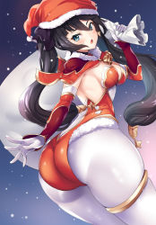 Rule 34 | 1girl, ass, ass focus, black hair, blue eyes, blush, breasts, christmas, from behind, genshin impact, gloves, hat, highres, hinata sora, leotard, long hair, looking at viewer, looking back, medium breasts, mona (genshin impact), pantyhose, parted lips, red hat, red leotard, sack, santa costume, santa hat, solo, twintails, white pantyhose